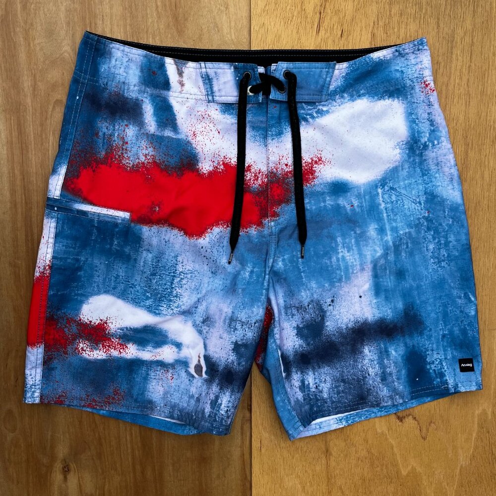 ANALOG BOARD SHORTS Men’s sz 36 Abstract Blue White Red Spray Pattern NWOT